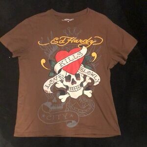Ed Hardy Skull and Heart Brown Tee